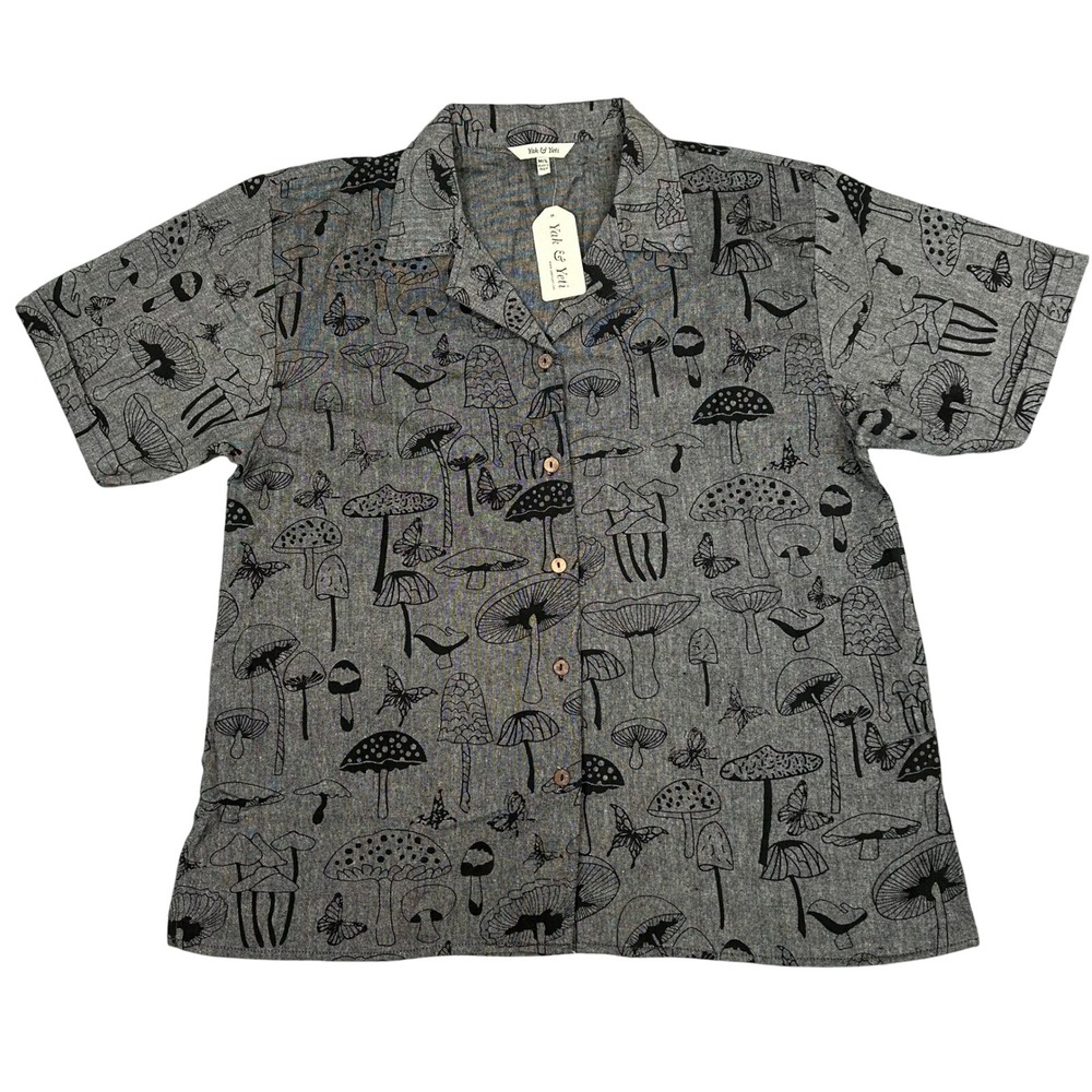 Yak & Yeti Mushroom Butterfly Goblincore Whimsey Cotton Shirt Grey Black M/L